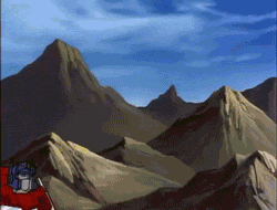 A gif of Optimus Prime from the Transformers 1984 cartoon, jumping up and dunking a basketball through a hoop