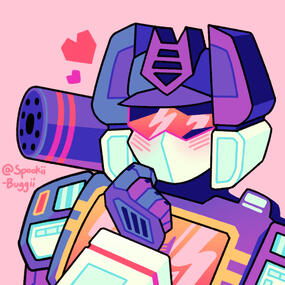 A drawing of Soundwave the Transformer, blushing and holding a hand up to his chin