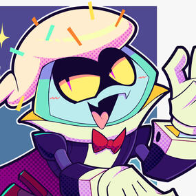 A drawing of Frostferatu the Botbot, smiling and posing