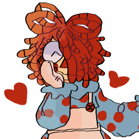 A drawing of Raggedy Ann, smiling with her eyes closed and a hand cupping her cheek. Her hair covers one eye