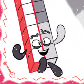 A drawing of Numberblock Nineteen delighted and looking into the upper-right corner