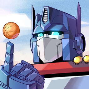 A drawing of Optimus Prime, pointing upward with a basketball above his finger