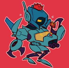 A drawing of Whirl the Transformer, he has a paper crown on his head and a tiny gift box between his claws